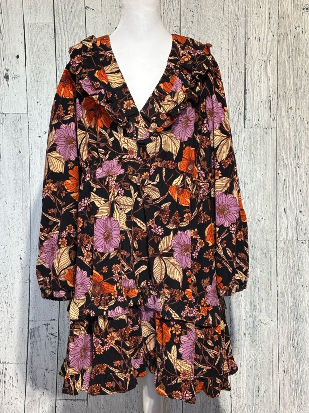 Pilcro By Antropologi XL Corduroy Ruffle Tiered Floral Dress Long Sleeve